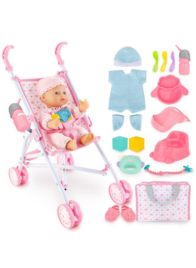 Baby Doll Stroller Set With 13 Inch Doll,Kids Play Stroller Toys,13