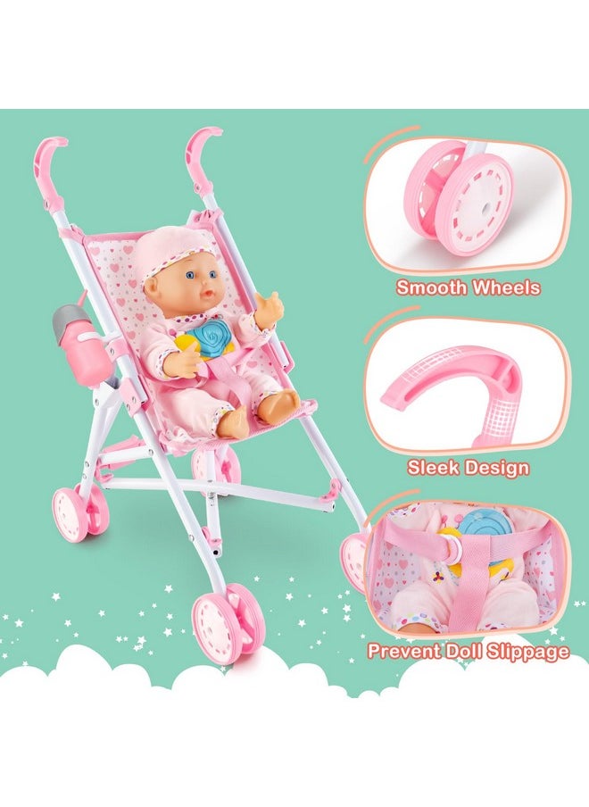 Baby Doll Stroller Set With 13 Inch Doll,Kids Play Stroller Toys,13