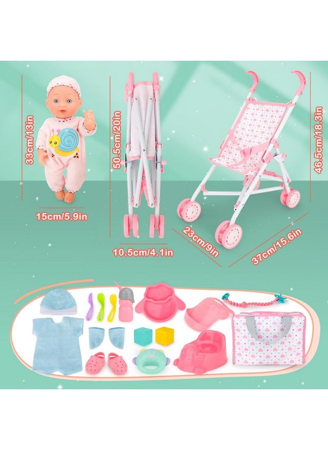Baby Doll Stroller Set With 13 Inch Doll,Kids Play Stroller Toys,13