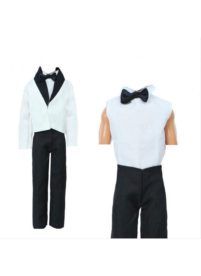 2 Sets Formal Office Suits Including Black Coat , White Coat , White Shirt With Bow-Knot , Black Trousers Groom Wedding Tuxedo For 11.5 Inch Boy Doll Clothes