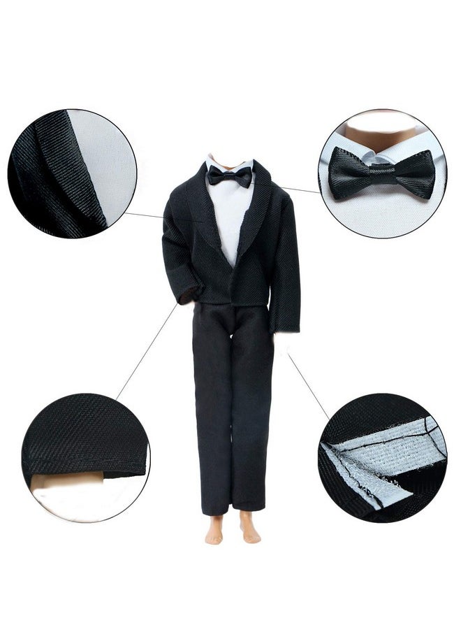 2 Sets Formal Office Suits Including Black Coat , White Coat , White Shirt With Bow-Knot , Black Trousers Groom Wedding Tuxedo For 11.5 Inch Boy Doll Clothes