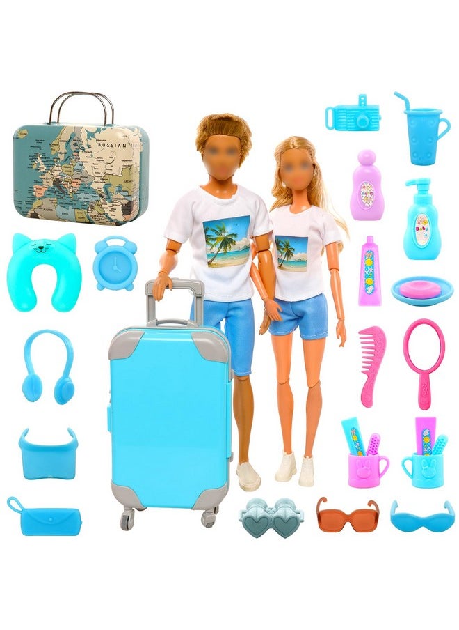 29Pcs Doll Travel Clothes And Accessories Blue Trunk Suitcase 2 Girl Doll Clothes 1 Boy Doll Clothes 8 Life Accessories 12 Wash Accessories Telescope Sunglasses （Not Include Doll）