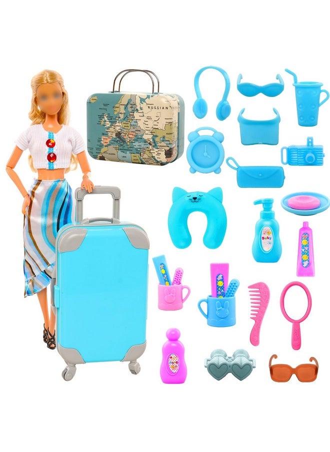 29Pcs Doll Travel Clothes And Accessories Blue Trunk Suitcase 2 Girl Doll Clothes 1 Boy Doll Clothes 8 Life Accessories 12 Wash Accessories Telescope Sunglasses （Not Include Doll）