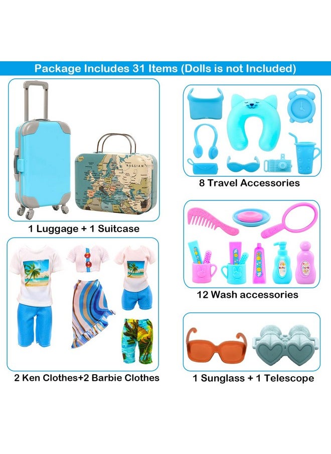 29Pcs Doll Travel Clothes And Accessories Blue Trunk Suitcase 2 Girl Doll Clothes 1 Boy Doll Clothes 8 Life Accessories 12 Wash Accessories Telescope Sunglasses （Not Include Doll）