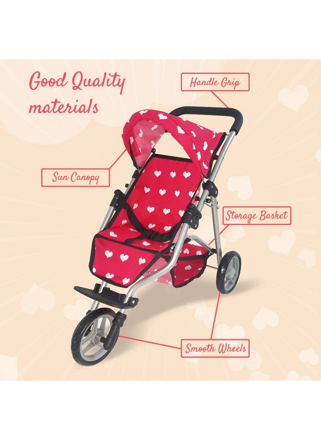 Baby Doll Stroller For Dolls | Play Toy Doll Stroller For Toddlers 3 Year Old Girls Gift | Push Pram Baby Stroller For Dolls, Babydoll Stroller Jogger Baby Carriage For Dolls (Pink Hearts Pattern)