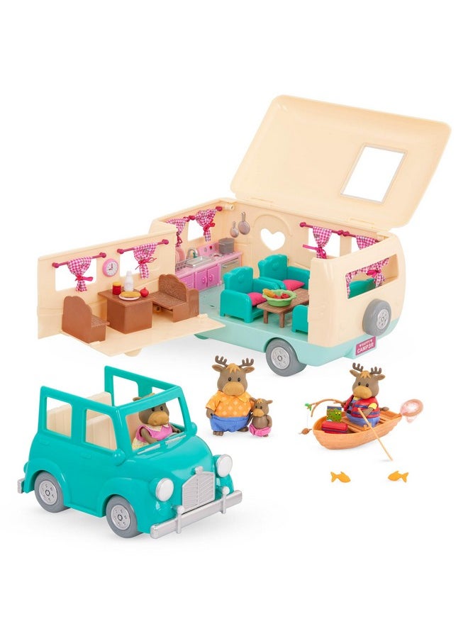 Li’L Woodzeez - 53 Pcs Happy Camper Playset - Moose Family, Detachable Toy Vehicle & Rv Trailer - Dollhouse Furnitures & Accessories, Pretend Play Gift For Kids Age 3+