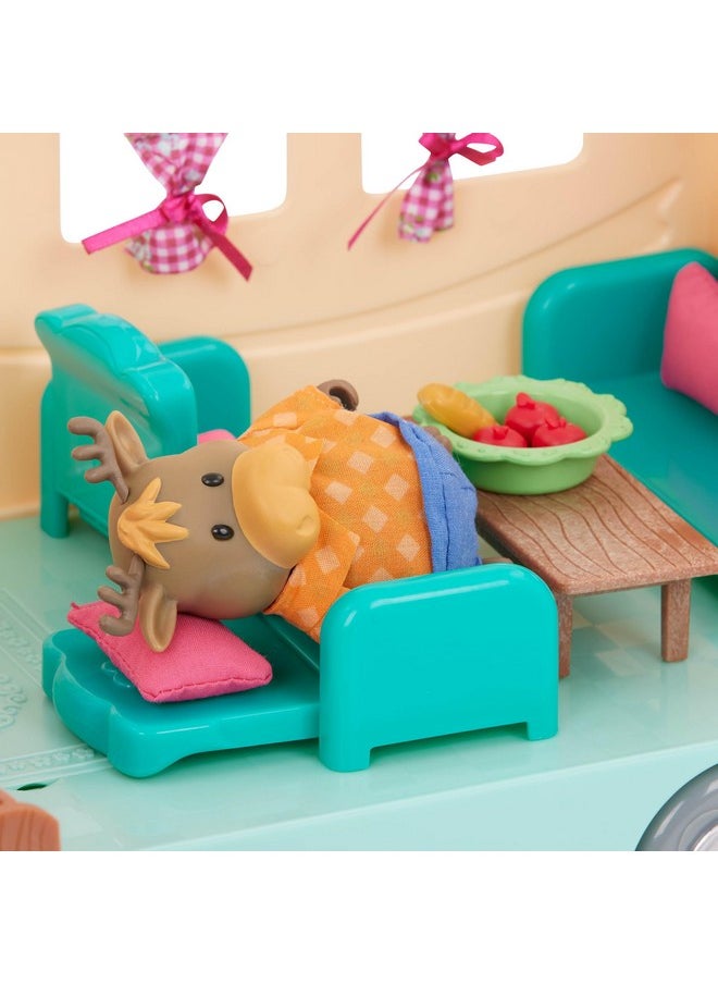 Li’L Woodzeez - 53 Pcs Happy Camper Playset - Moose Family, Detachable Toy Vehicle & Rv Trailer - Dollhouse Furnitures & Accessories, Pretend Play Gift For Kids Age 3+