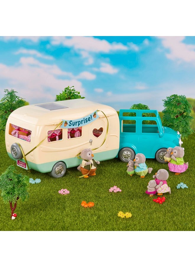 Li’L Woodzeez - 53 Pcs Happy Camper Playset - Moose Family, Detachable Toy Vehicle & Rv Trailer - Dollhouse Furnitures & Accessories, Pretend Play Gift For Kids Age 3+