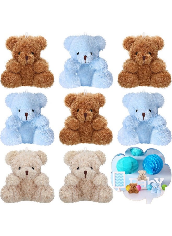 8 Pcs Mini Plush Bears 4'' Small Bear Bulk Stuffed Animal Toys Tiny Soft Bear Doll Present Stuffers For Keychain Baby Shower Party Favors Supplies(Blue, Brown, Apricot)