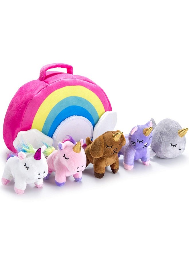 Stuffed Toy Unicorn Animal Set - Set Of 5 Stuff Toys For Toddlers - With Rainbow Carry Bag - 2 Unicorns, Kitty, Puppy, And Narwhal - Toddler Birthday Gift For Girl Idea Age 3, 4, 5, 6, 7, 8 Year Old