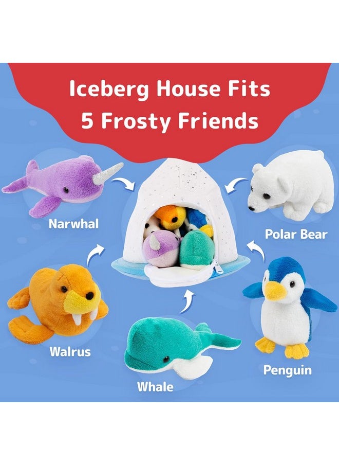 Stuffed Animal With Babies Inside - Five Small Plush Christmas Stuffed Animal House - Penguin Toy, Polar Bear Plush, Whale, Narwhal, Walrus, Toy Igloo - Artic Stuffed Animals For Girls/Boys
