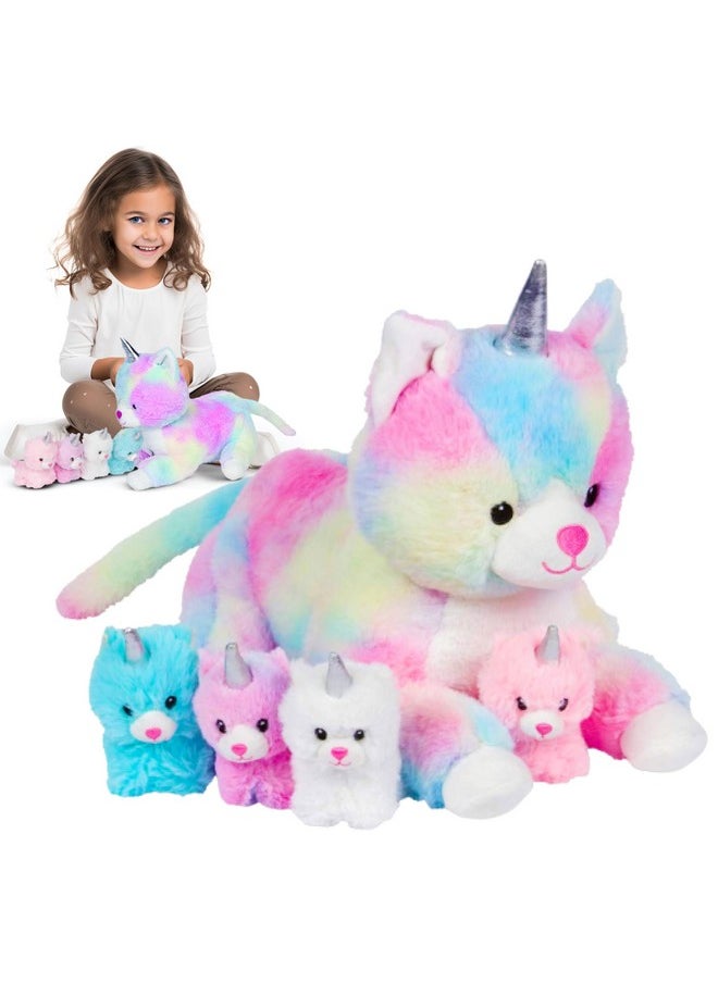 Unicorn Cat Plushie - Mommy Cat Unicorn With 4 Baby Kittens - Magical Cat Pillow Plushies For Girls Ages 3-8 - Big Unicorn Stuffed Animals - Ideal Gift For Girls 5 X 10 X 8 Inches