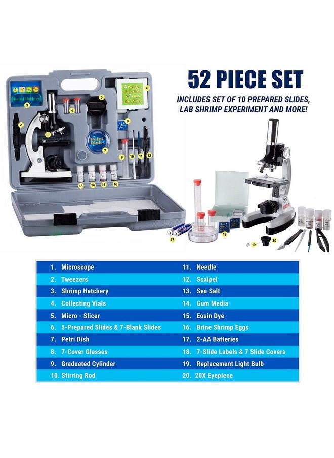 120X-1200X 52-Pcs Beginner Microscope Stem Kit With Metal Body Microscope, Plastic Slides, Led Light And Carrying Box (M30-Abs-Kt2-W),White