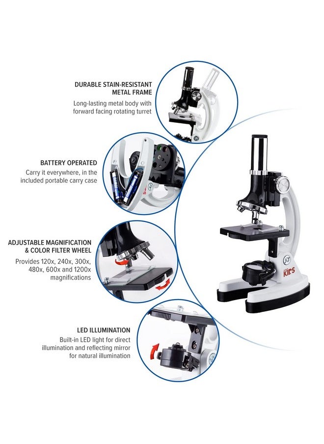 120X-1200X 52-Pcs Beginner Microscope Stem Kit With Metal Body Microscope, Plastic Slides, Led Light And Carrying Box (M30-Abs-Kt2-W),White