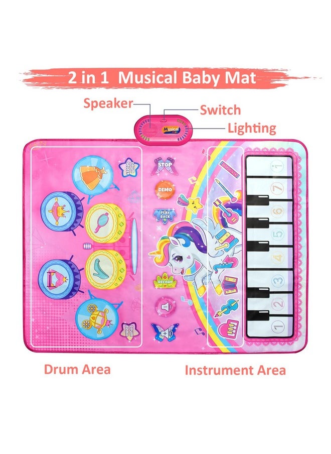 Piano Drum Babies Play Mat, Unicorn Piano Keyboard & Drum Toys For 1 Year Old Girl Gifts, Infant Musical Toy 12-18 Months, Babies Birthday For 1 2 3 Year Old