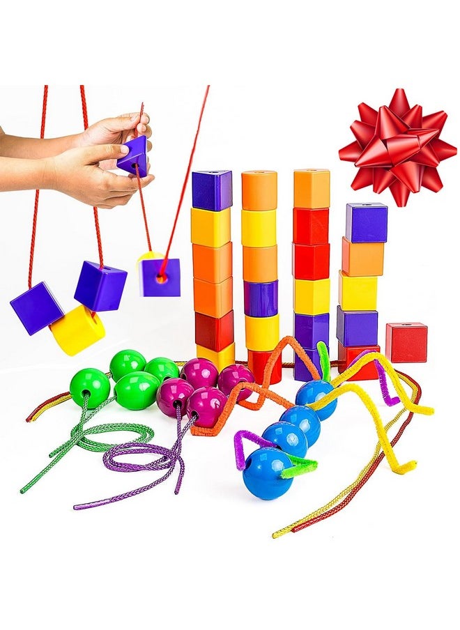 Rainbow Stringing Beads For Toddlers 46 Pcs | String Beads With Strings, Pipe Cleaners And Bag | Montessori Toys Occupational Therapy