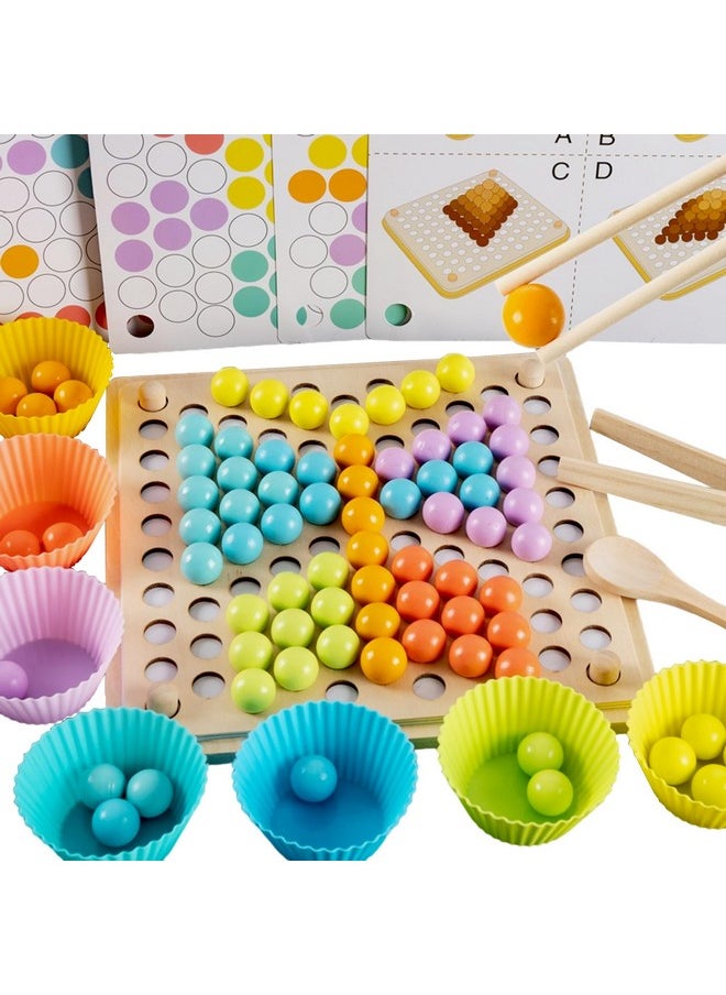 3 In 1 Toddler Board Games-Color Sorting, Math Counting And Montessori Puzzle Jigsaw -Fine Motor Toys With Rainbow Beads, Cups, Kids Tweezers, Spoon & Chopsitcks, Montessori Toys For 3 Year Old+