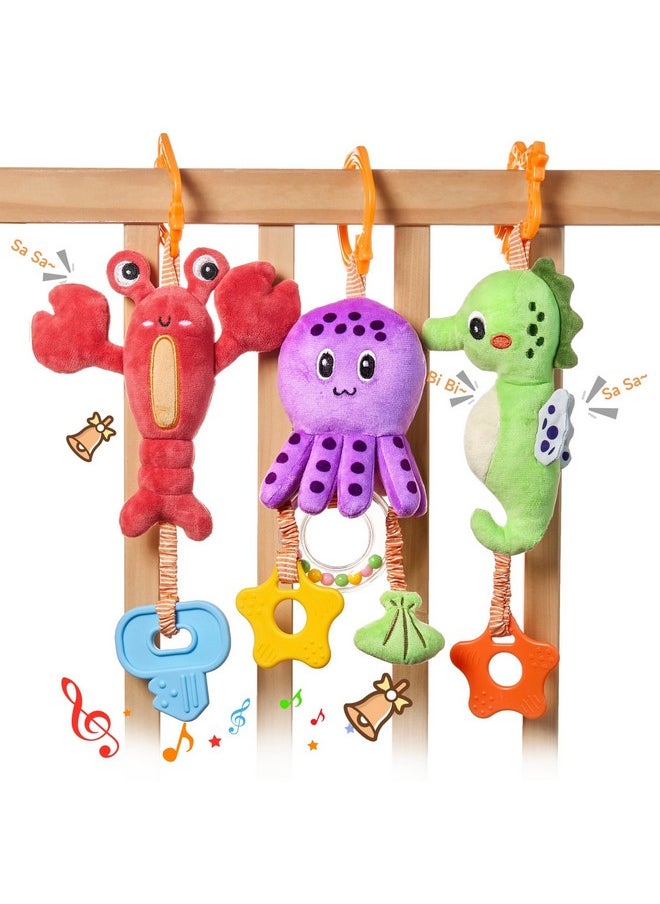 Baby Toys 0 3 6 12 Months, Hanging Stroller Toys Soft Marine Animal Crib Car Seat Toys, Crinkle Infant Rattles With Teether Squeaky Sensory Developmental Toy For Newborn