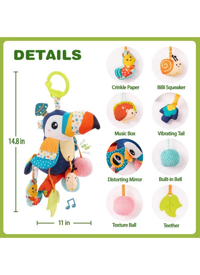 Musical Activity Pull String Hanging Toy For Baby Stroller Car Seat Crib Play Gym, Plush Stuffed Toucan Toy For Carseat With Music Teether Rattles, Sensory Toy For Baby Gift