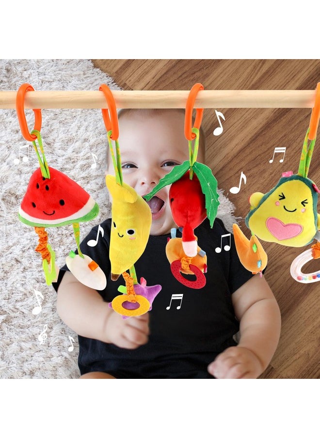 Baby Hanging Rattle Toys, 4 Pack Car Seat Stroller Toys Soft Squeaky Toys For Baby Newborn Infant Car Bed Travel Activity, Fruit