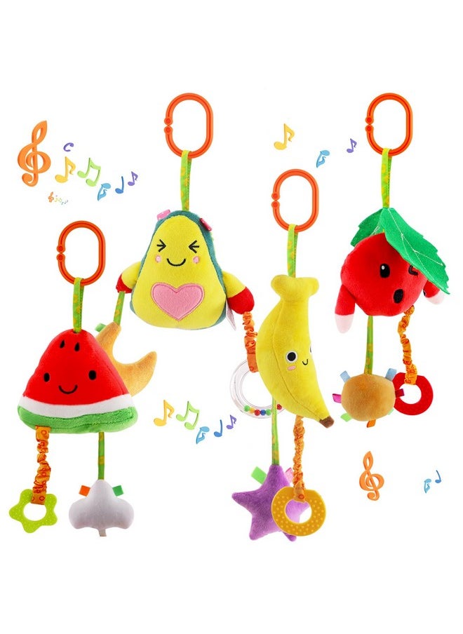 Baby Hanging Rattle Toys, 4 Pack Car Seat Stroller Toys Soft Squeaky Toys For Baby Newborn Infant Car Bed Travel Activity, Fruit