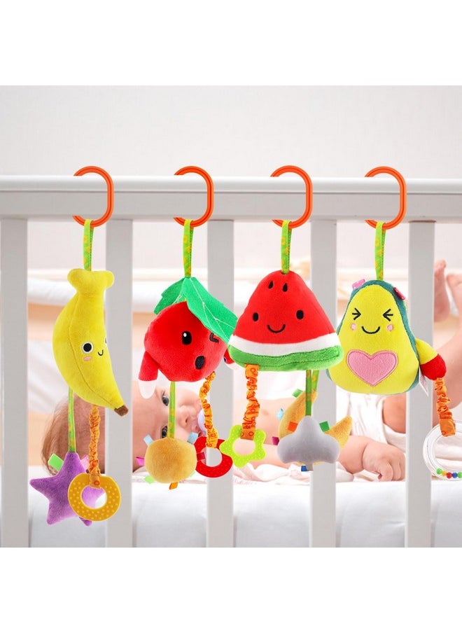 Baby Hanging Rattle Toys, 4 Pack Car Seat Stroller Toys Soft Squeaky Toys For Baby Newborn Infant Car Bed Travel Activity, Fruit