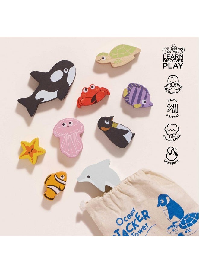 - Wooden Toys - Petilou Baby & Toddler - Ocean Animal Building Blocks Stacker & Bag - Educational Balancing Activity Toy - Wooden Blocks Aquatic Animal Toys - Kids Toys Age 18 Months+