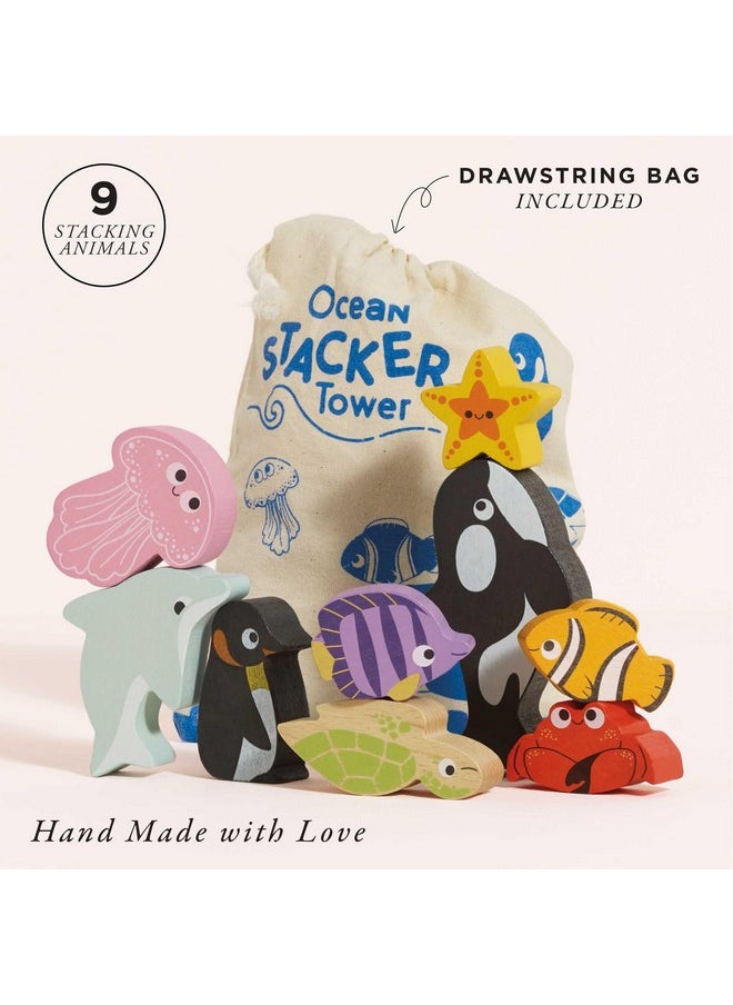 - Wooden Toys - Petilou Baby & Toddler - Ocean Animal Building Blocks Stacker & Bag - Educational Balancing Activity Toy - Wooden Blocks Aquatic Animal Toys - Kids Toys Age 18 Months+