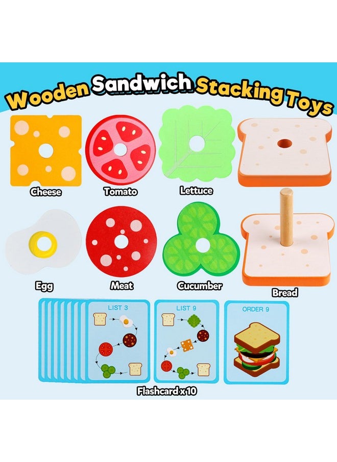 Wooden Sandwich Sorting Stacking Toys Play Food Set For Toddlers Preschool Educational Montessori Toys Fine Motor Toys For Kids Boys Girls