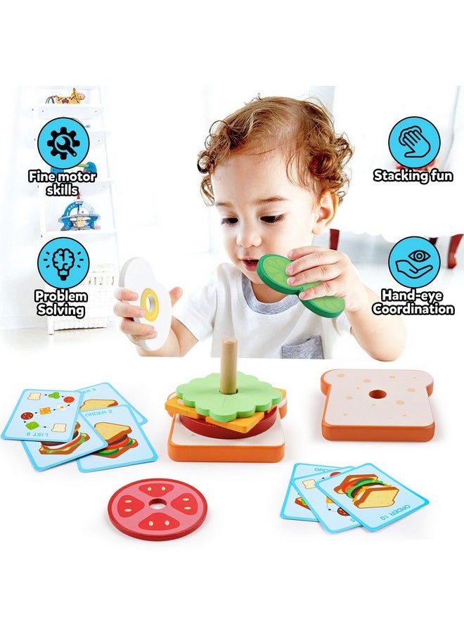 Wooden Sandwich Sorting Stacking Toys Play Food Set For Toddlers Preschool Educational Montessori Toys Fine Motor Toys For Kids Boys Girls