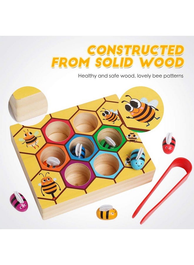 Fine Motor Toys, Clamp Bee To Hive Matching Game Toddler Learning Toys Montessori Wooden Lovely Bee Hive Toys Color Sorting For Baby Early Educational Game Toy For 3 4 5 Years Old Kids