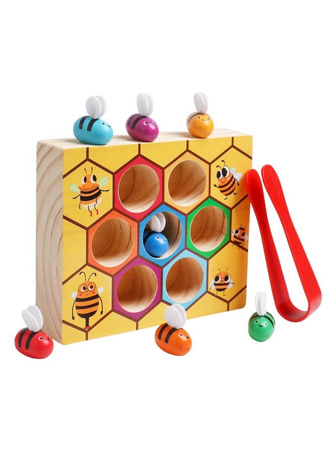 Fine Motor Toys, Clamp Bee To Hive Matching Game Toddler Learning Toys Montessori Wooden Lovely Bee Hive Toys Color Sorting For Baby Early Educational Game Toy For 3 4 5 Years Old Kids