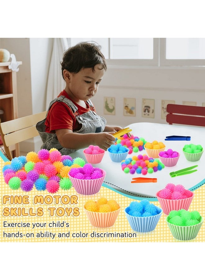 91 Pcs Fine Motor Skill Toys Include 75 Spiky Hedge Balls, 2 Scissors Clips, 4 Plastic Tweezers, 10 Assorted Colors Sorting Silicone Cups For Early Education Counting Skill Training