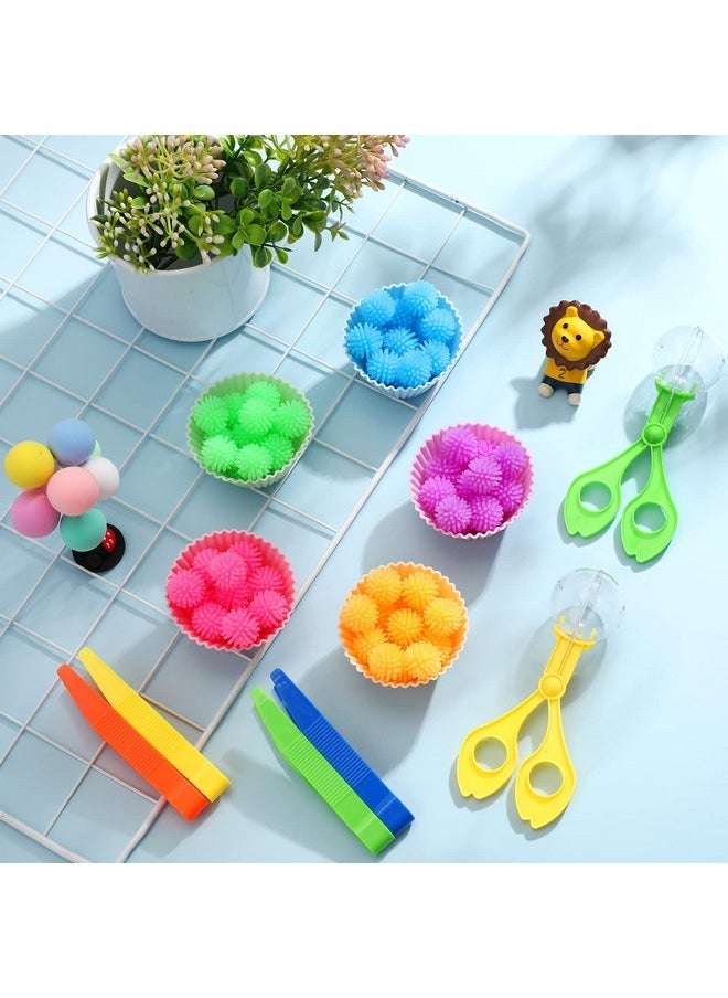 91 Pcs Fine Motor Skill Toys Include 75 Spiky Hedge Balls, 2 Scissors Clips, 4 Plastic Tweezers, 10 Assorted Colors Sorting Silicone Cups For Early Education Counting Skill Training