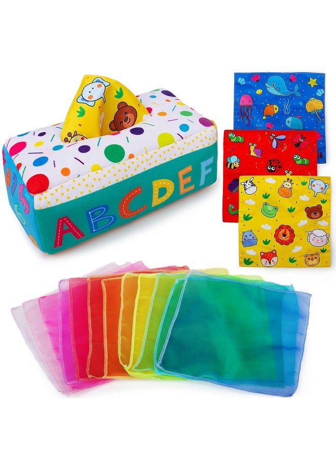 My First Baby Tissue Box, Soft Stuffed High Contrast Crinkle Montessori Square Sensory Toys Juggling Rainbow Dance Scarves For Toddler, Infants, Newborns And Kids Educational Preschool Learning