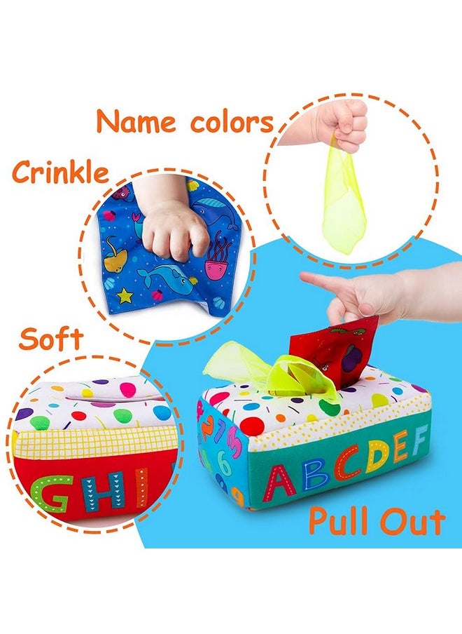 My First Baby Tissue Box, Soft Stuffed High Contrast Crinkle Montessori Square Sensory Toys Juggling Rainbow Dance Scarves For Toddler, Infants, Newborns And Kids Educational Preschool Learning