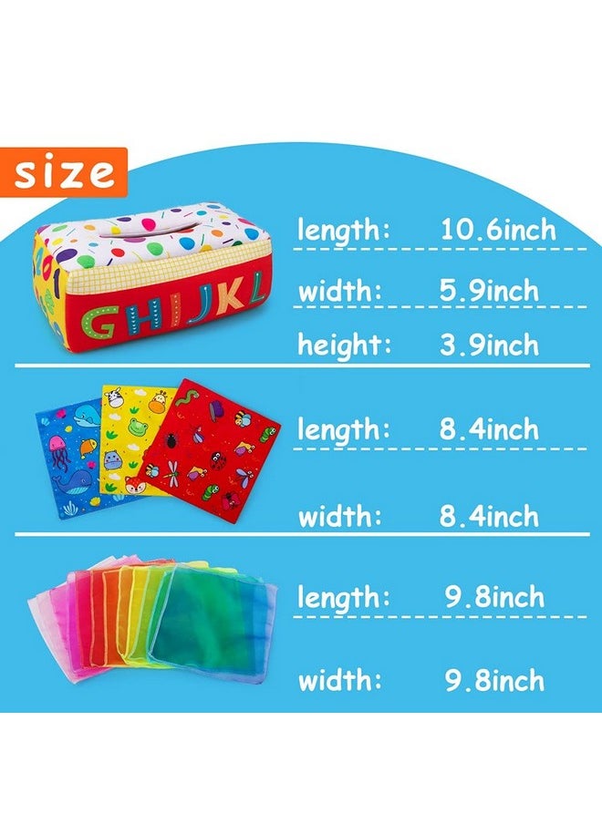 My First Baby Tissue Box, Soft Stuffed High Contrast Crinkle Montessori Square Sensory Toys Juggling Rainbow Dance Scarves For Toddler, Infants, Newborns And Kids Educational Preschool Learning