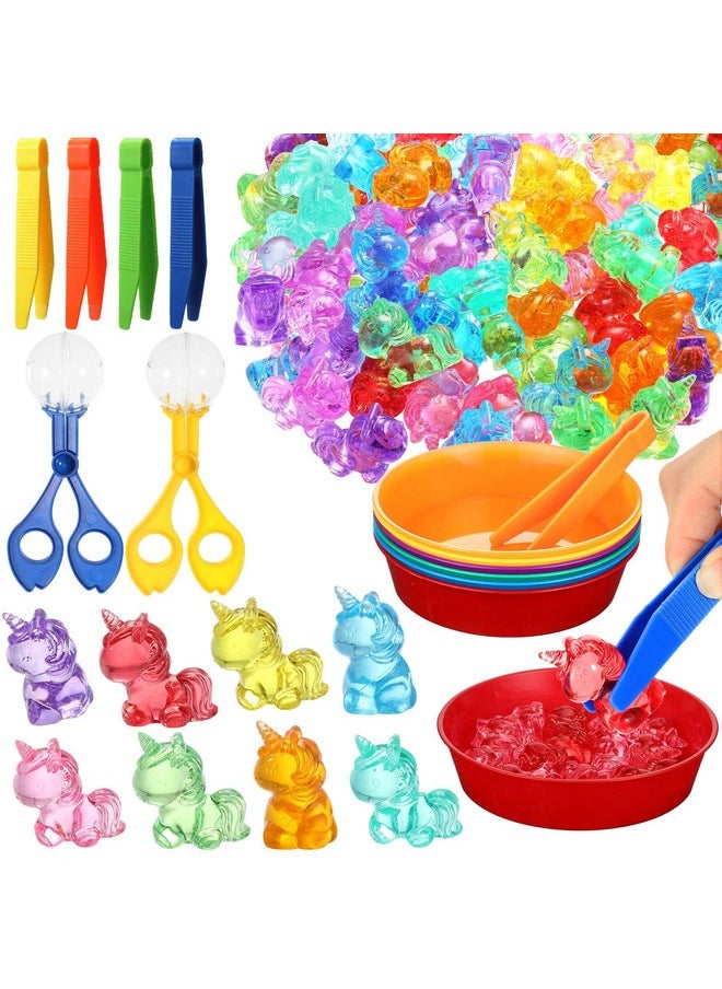62 Pcs Fine Motor Toys Counting Sorting Sensory Bin Filler, 50 Unicorn Acrylic Beads 4 Tweezers 2 Scissors Clips 6 Cups For Boys Girls Early Education And Sorting Counting Training Development