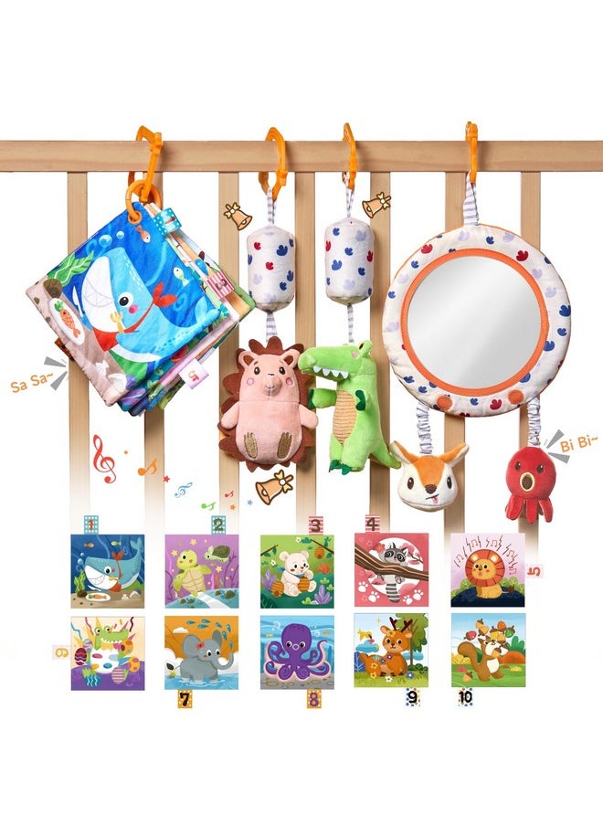 Car Seat Toys 3 6 9 12 Months, Plush Animal Rattle Mirror Soft Crinkle Book Baby Enlightenment Toy Set, Newborn Crib Stroller Play Gym Hanging Toys