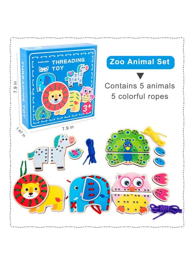 5 Pack Animals Lacing Cards Wooden Puzzle Threading Toys Montessori Sewing Cards For Toddler Early Learning Fine Motor Skills Preschool Toys…