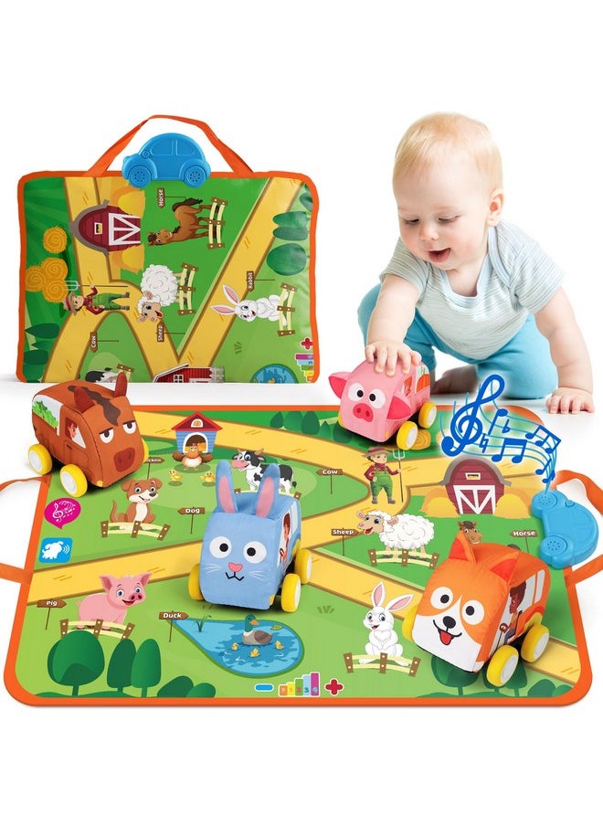 Musical Cars Play Mat For 1 2 3 Year Old Toddlers, Soft Pull-Back Vehicle Set With Farm Animals Playmat Rug, Baby Fine Motor Skills Toys Game Montessori Learning Gift