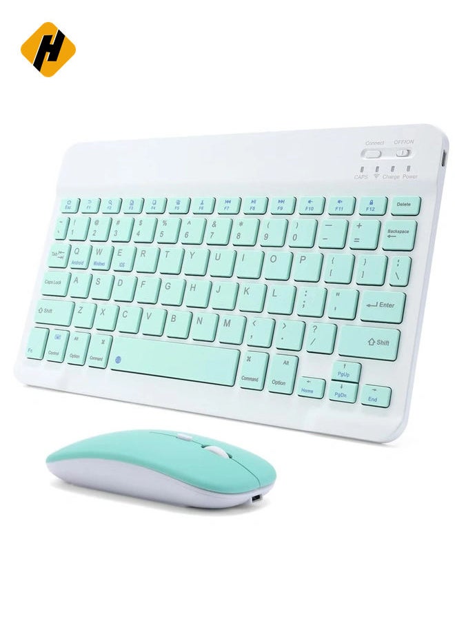 Rechargeable Bluetooth Keyboard and Mouse Combo Ultra-Slim Portable Compact Wireless Mouse Keyboard Set for Android Windows Tablet Cell Phone iPhone iPad Pro Air Mini, iPad OS/iOS 13 and above (Green)