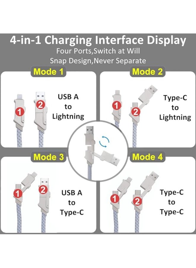 Multi Charging Cable, 4 in 1 Nylon Braided 3FT/1M Multiple USB Charging Cord Adapter, Type C/USB A Port Connectors Compatible with iphone Cell Phones Tablets and More