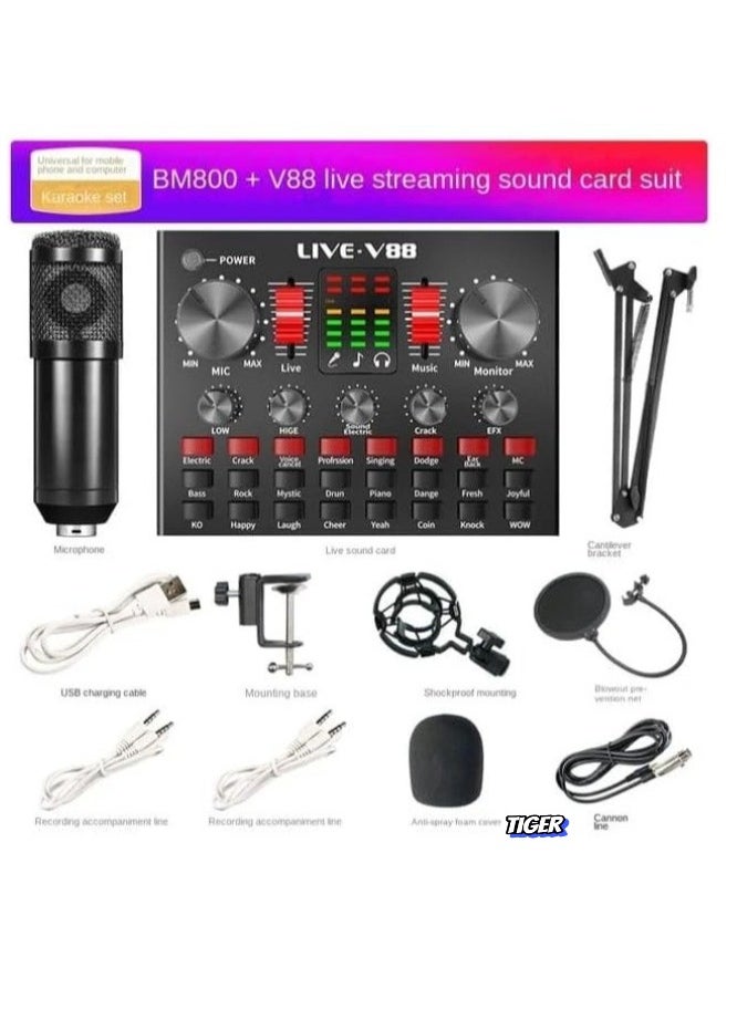 BM800 Professional Mic Condenser Microphone V88 Sound Card Set for Webcast & Live Stream – High-Quality Audio, Noise Reduction, and Studio-Grade Sound for Streaming & Recording