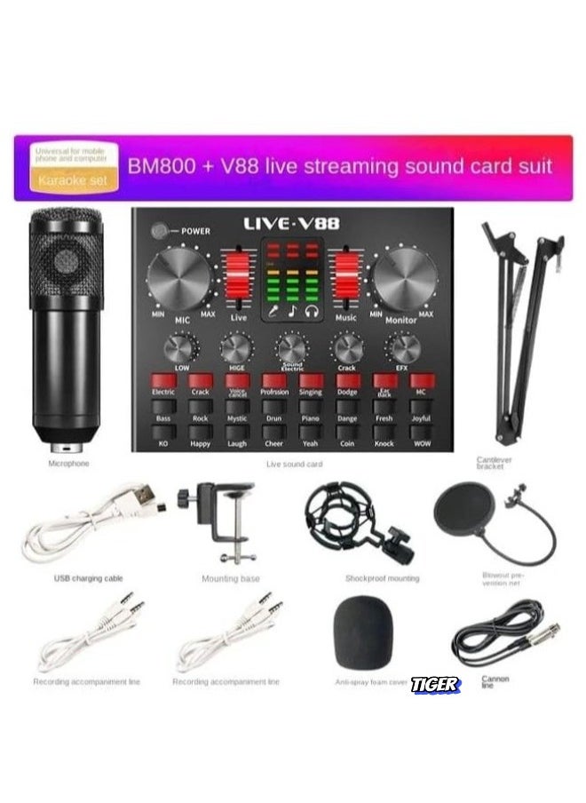 BM800 Professional Mic Condenser Microphone V88 Sound Card Set for Webcast & Live Stream – High-Quality Audio, Noise Reduction, and Studio-Grade Sound for Streaming & Recording