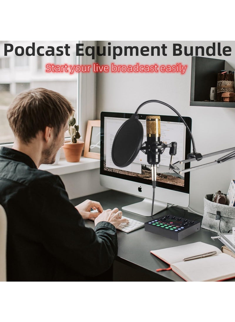 Podcast Equipment Bundle with Audio Interface,V8S Voice Changer, Condenser Karaoke Microphone, Mic Stand and Mic Pop Filter,Podcast Starter Kit DJ Audio Mixer for Podcast and Live