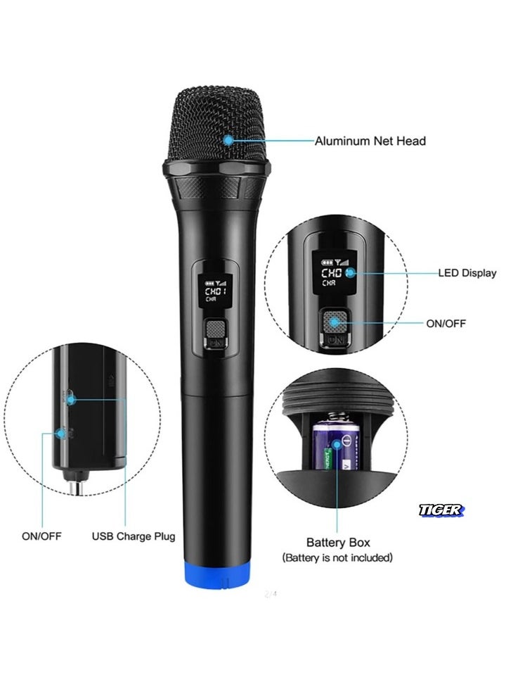 2-Pack Wireless Unidirectional Handheld Microphone with Receiver – 1/4 Output for Conference, Weddings, Church, Stage, Party, and Karaoke (Dual Cordless, Black)