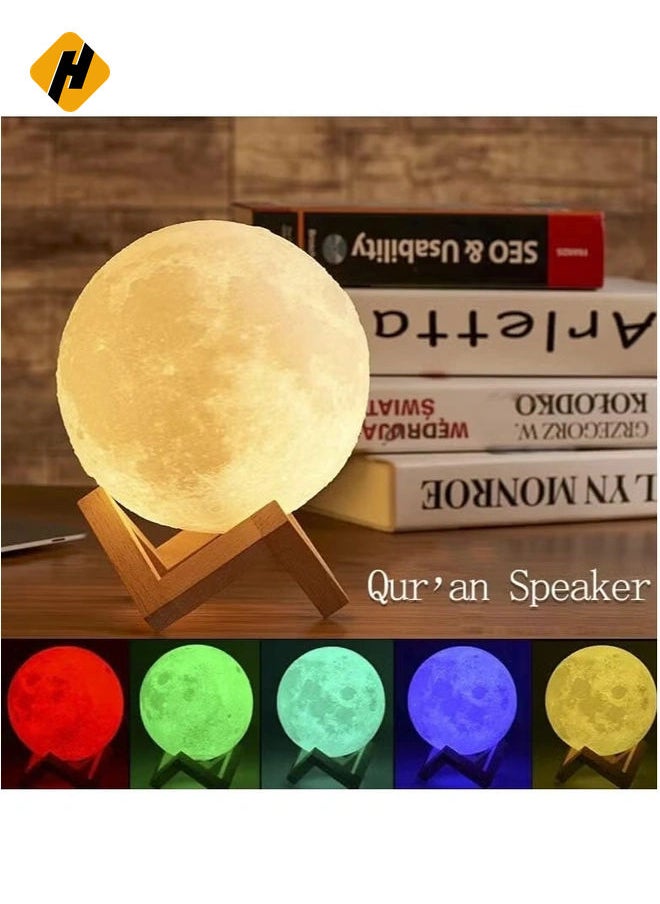 Portable Bluetooth Speaker 4 in 1 Quran Speaker with 16 Colors 3D Print Moon Lamp Night Light Quran Recitations and Song FM Broadcast