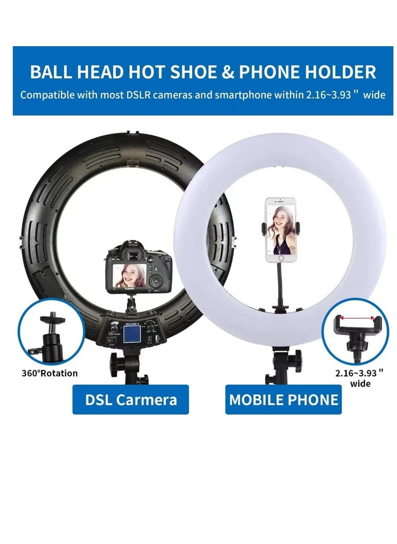 Xria SM1888 II Ring Light Size 18 inch 90W LED Ring light With Battery Slot Photographic Lighting Ring Light For Selfie Makeup live streaming (White)