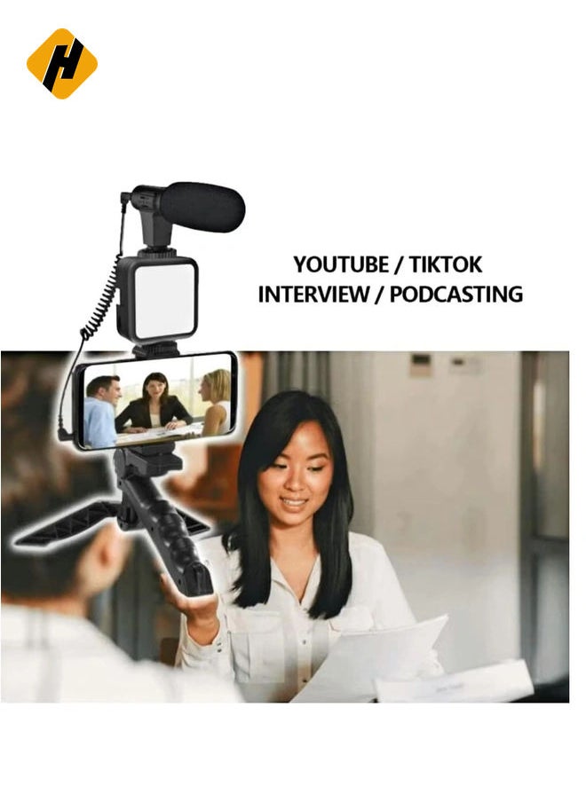 Vlogging LED Video Light + Microphone + Mobile Phone Holder + Hand Grip/Mini Tripod Compatible with Smartphones for TikTok, Youtube, Live Streaming and Meetings